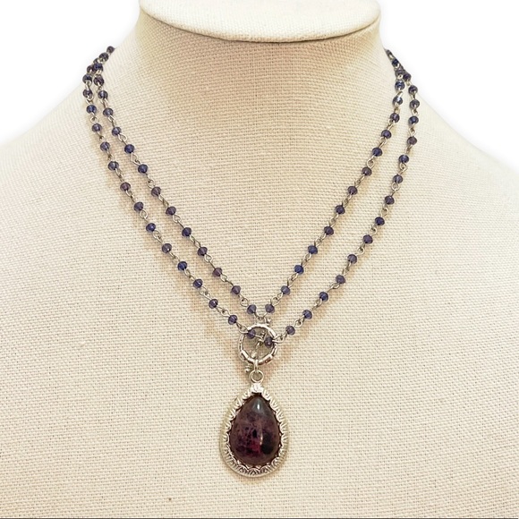New York & Co Purple and Silver Beaded Double Strand Teardrop Toggle Necklace - Picture 6 of 6